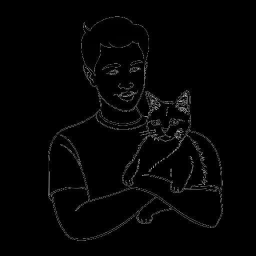 Strichzeichnung eines Mannes, der eine getigerte Katze hält, der Jschlatt repräsentiert.