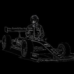 Line art drawing of a man representing Flavio Briatore, standing in front of a Formula One race car, with a controversial and charismatic expression.