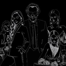 Line art drawing of a man representing Flavio Briatore, surrounded by glamorous women and luxury items, with a stylish and sophisticated appearance.