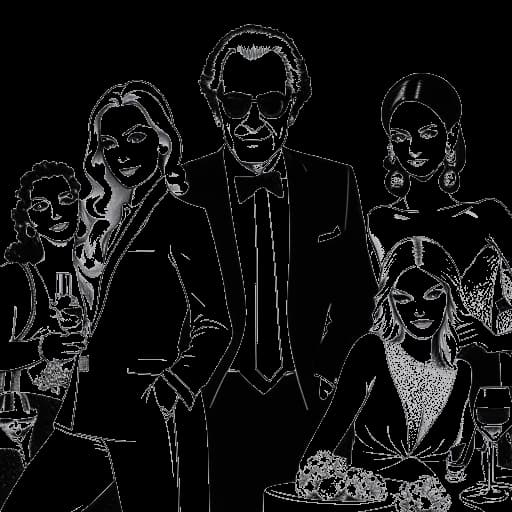 Line art drawing of a man representing Flavio Briatore, surrounded by glamorous women and luxury items, with a stylish and sophisticated appearance.