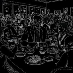 Line art drawing of a man representing Flavio Briatore, sitting at a lavish restaurant table, surrounded by waiters and customers.