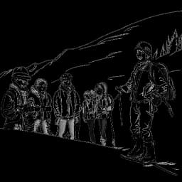 Line art drawing of a man representing Flavio Briatore, with long hair and ski gear, giving ski instructions to a group of people on a snowy mountain.