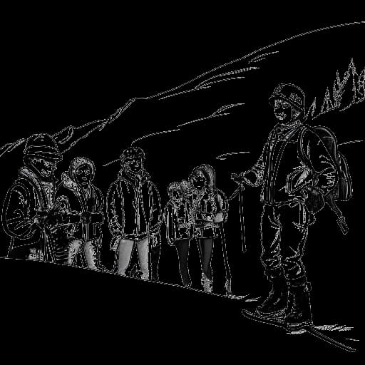 Line art drawing of a man representing Flavio Briatore, with long hair and ski gear, giving ski instructions to a group of people on a snowy mountain.