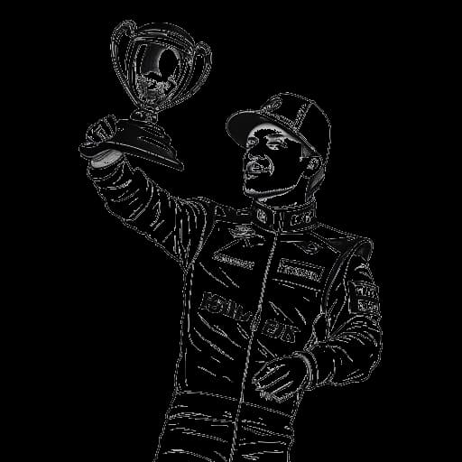 Disegno al tratto di un uomo, raffigurante Flavio Briatore, che tiene in mano i trofei dei campionati piloti e costruttori della Renault F1.