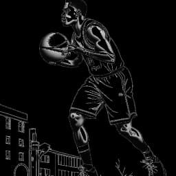 Line art drawing of a young man representing LeBron James during his high school years. The man is shown dribbling a basketball with finesse, with the St. Vincent-St. Mary High School building in the background, all against a white backdrop.