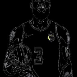 Line art drawing of LeBron James representing his success with the Los Angeles Lakers. LeBron is shown wearing the Lakers jersey, holding the Larry O'Brien Championship Trophy, with the Lakers' iconic logo and the Staples Center in the background, all against a white backdrop.