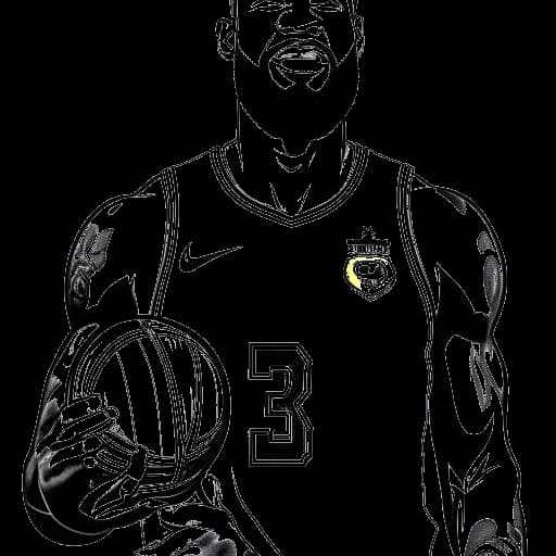 Line art drawing of LeBron James representing his success with the Los Angeles Lakers. LeBron is shown wearing the Lakers jersey, holding the Larry O'Brien Championship Trophy, with the Lakers' iconic logo and the Staples Center in the background, all against a white backdrop.