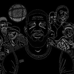 Line art drawing of LeBron James representing his philanthropy and impact. LeBron is shown in a classroom setting, surrounded by children and teachers, with educational imagery and symbols in the background, all against a white backdrop.