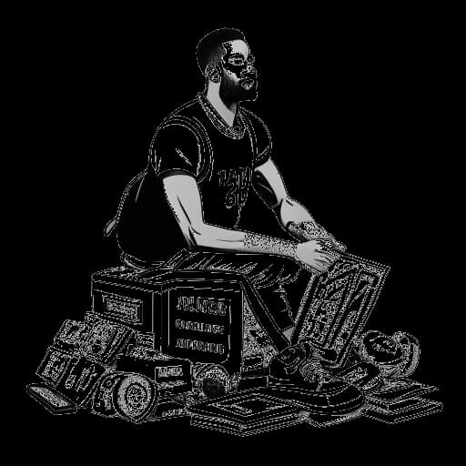 Lijntekening van een man die LeBron James vertegenwoordigt die basketbal speelt, omringd door stapels geld. Hij houdt een attachékoffer met gegraveerde bedrijfslogo's vast, wat zijn diverse ondernemingsactiviteiten en financieel succes symboliseert, allemaal tegen een witte achtergrond.