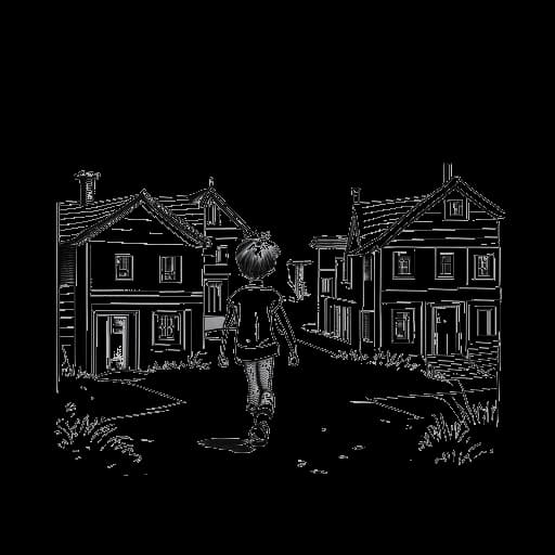 Lijntekening van een jonge LeBron James die tussen huizen verhuist