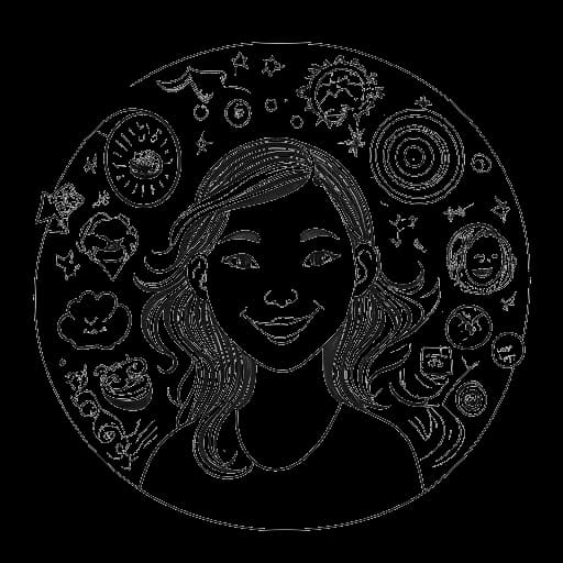 Desenho artístico de uma mulher, representando Lauren Chen, com um sorriso caloroso, cercada por símbolos de fé, tradição, videogames, animes e multilinguismo, em um cenário de fundo branco.