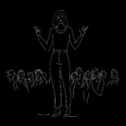 Desenho artístico de uma mulher, representando Lauren Chen, emitindo confiança ao se apresentar para uma audiência diversificada, exibindo linguagem corporal envolvente e gestos expressivos, tudo em um cenário de fundo branco.