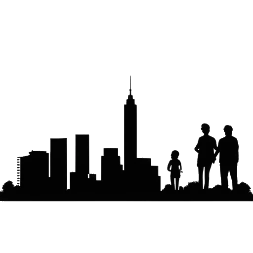 Lijntekening van een familie die Lauren Chen, haar man Liam Donovan en hun dochter Riley vertegenwoordigt, met de skyline van Nashville op de achtergrond