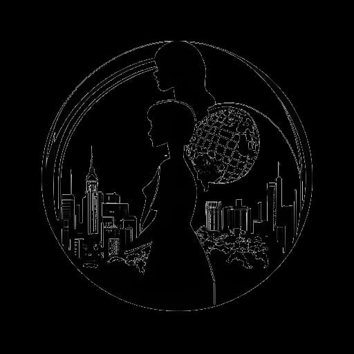 Lijntekening van een vrouw die Lauren Chen vertegenwoordigt, met een globe in haar hand en gebouwen en een Amerikaanse vlag op de achtergrond