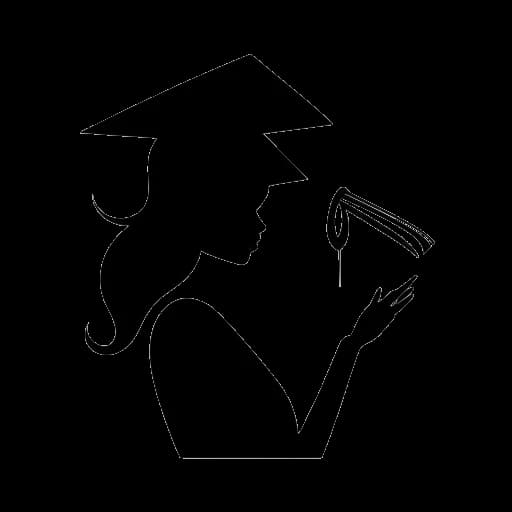 Lijntekening van een vrouw die Lauren Chen vertegenwoordigt, met een muzieknoot en een afstudeermuts in haar hand, met een politiek embleem op de achtergrond