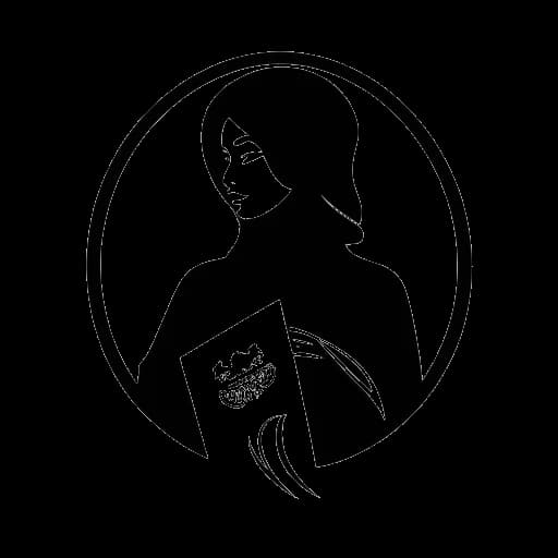 Lijntekening van een vrouw die Lauren Chen vertegenwoordigt, met een certificaat in haar hand met een politiek embleem en Arabische kalligrafie op de achtergrond