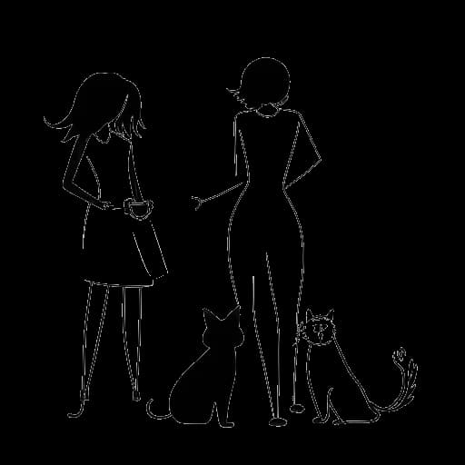 Lijntekening van een vrouw die Lauren Chen vertegenwoordigt, met een kat genaamd Whiskey en een hond genaamd Jellybean
