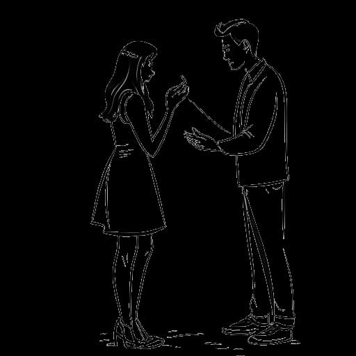 Lijntekening van een man, die Tyler Stanaland vertegenwoordigt, die een vrouw ten huwelijk vraagt, wat zijn verloving met actrice Brittany Snow symboliseert.
