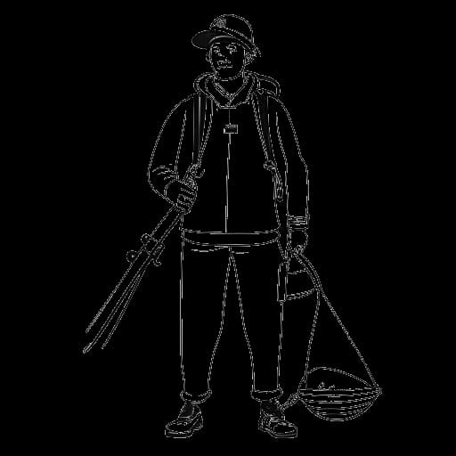 Lijntekening van een man, die Tyler Stanaland vertegenwoordigt, die visspullen, duikspullen en een surfplank vasthoudt, wat zijn hobby's symboliseert.