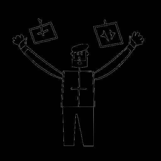 Lijntekening van een man, die Tyler Stanaland vertegenwoordigt, die een medisch dossier vasthoudt met zeven rode kruizen, wat zijn overwinning symboliseert op een ernstige auto-immuunziekte en zeven operaties.
