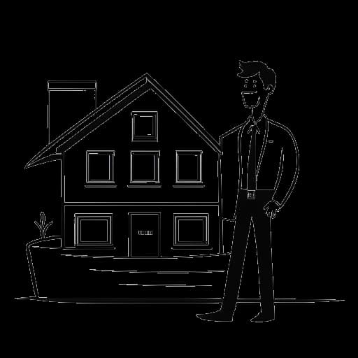 Lijntekening van een man, die Tyler Stanaland vertegenwoordigt, die een surfplank vasthoudt en verandert in een makelaar die een huis presenteert.