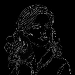 Line art of a confident woman representing AJ Bunker, poised as a hair extension expert with a background that suggests a disciplined military family and a customer-focused career.
