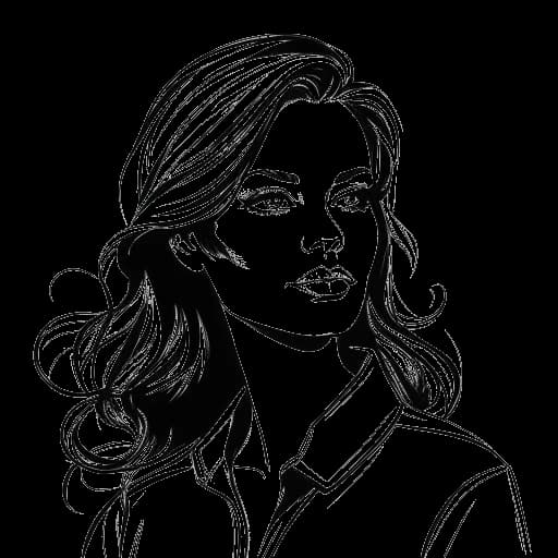 Line art of a confident woman representing AJ Bunker, poised as a hair extension expert with a background that suggests a disciplined military family and a customer-focused career.