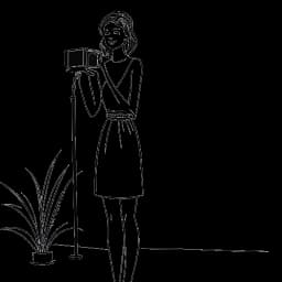 Line art of a woman representing AJ Bunker in a summer outfit reflecting her time on Love Island, with a palm tree and television camera, indicative of her rise to fame.