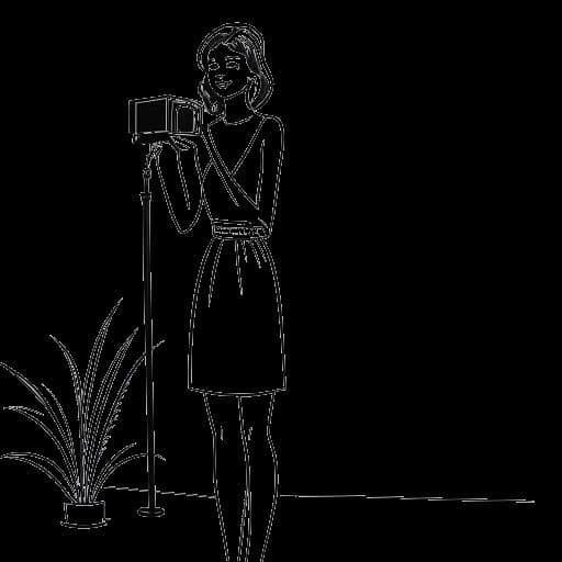 Line art of a woman representing AJ Bunker in a summer outfit reflecting her time on Love Island, with a palm tree and television camera, indicative of her rise to fame.