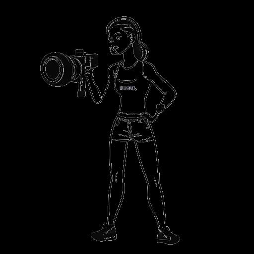 Een vrouw die AJ Bunker vertegenwoordigt in sportkleding met bokshandschoenen, naast een filmcamera op een statief en een banier voor een liefdadigheidsevenement, wat haar diverse carrière en liefdadigheidsinspanningen symboliseert.