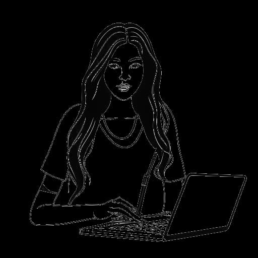 Lijntekening van een vrouw die AJ Bunker vertegenwoordigt, met lang haar, met een schaar en een hairextensie, terwijl ze op een laptop werkt.