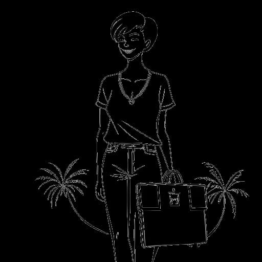 Lijntekening van een vrouw die AJ Bunker vertegenwoordigt, met kort haar, die een koffer vasthoudt en voor een Love Island bord staat.