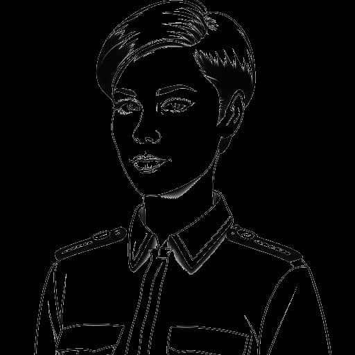 Lijntekening van een vrouw die AJ Bunker vertegenwoordigt, met kort haar, gekleed in een militair uniform.