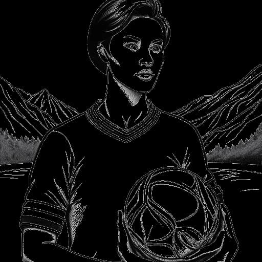 Lijntekening van een vrouw die AJ Bunker vertegenwoordigt, met kort haar, met een rode roos, voor een berglandschap met een rugbybal.