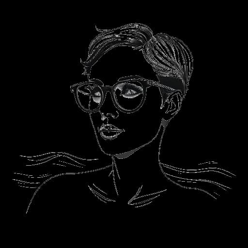 Lijntekening van een vrouw die AJ Bunker vertegenwoordigt, met kort haar, in zwempak en zonnebril, zwemmend in de oceaan.