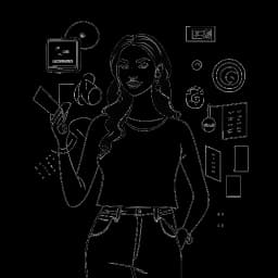 Esquisse d'une femme représentant Mikaela Testa avec une posture confiante, positionnée contre des icônes des réseaux sociaux, incarnant une personnalité authentique sans excuses, le tout sur un fond blanc.