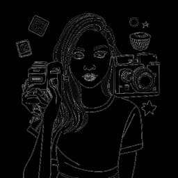 Dessin d'une femme représentant Mikaela Testa, entourée de symboles de la gloire sur internet tels qu'un appareil photo, des accessoires de mode et des logos des réseaux sociaux de TikTok et OnlyFans, le tout sur un fond blanc.