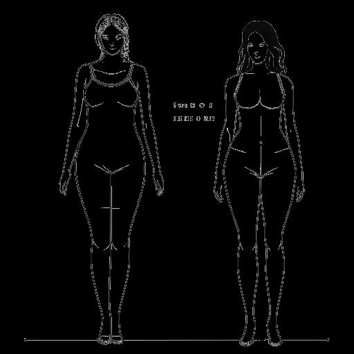 Line art drawing of a woman, representing Mikaela Testa, with before and after body measurement statistics displayed on a screen nearby.