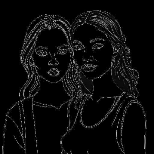 Line art drawing of two women, representing Mikaela and Brianna Testa, posing together as models.
