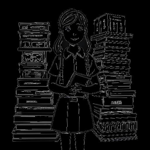 Line art drawing of a young girl, representing Mikaela Testa, in a school uniform, surrounded by books and a school building.