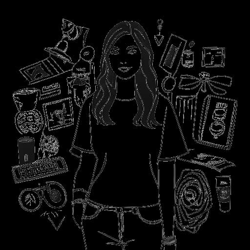 Line art drawing of a woman, representing Mikaela Testa, posing with various clothing items, with social media logos in the background.