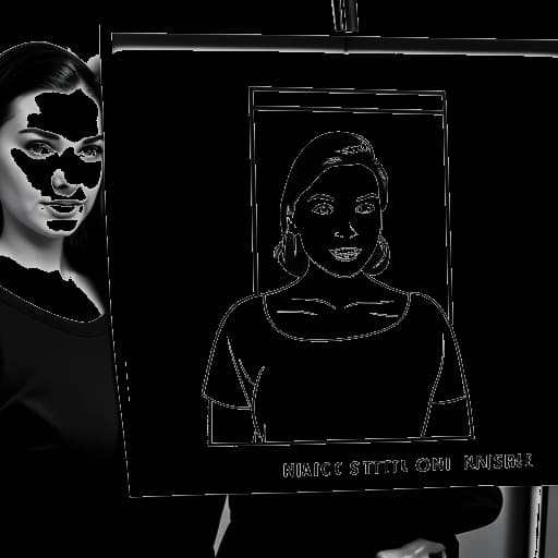 Line art drawing of a woman, representing Mikaela Testa, holding a 'no' sign, with 'before' surgery photos displayed on a screen nearby.