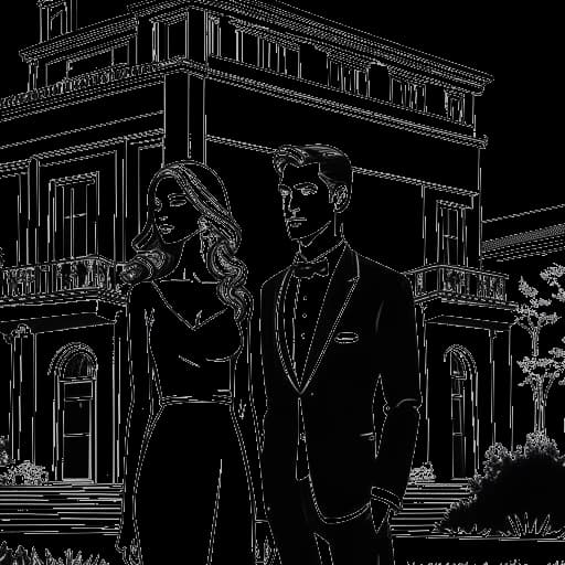 Line art drawing of a woman, representing Mikaela Testa, standing outside a luxurious mansion, with a man, representing her ex-boyfriend, in the background.