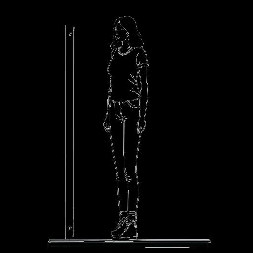 Line art drawing of a woman, representing Mikaela Testa, standing next to a height chart and scale.