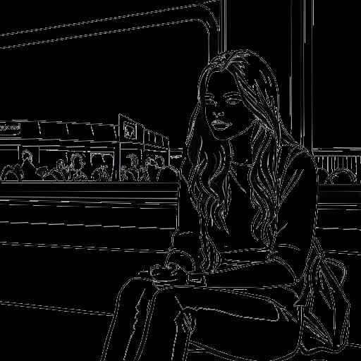 Line art drawing of a woman, representing Mikaela Testa, sitting at an airport gate, with an OnlyFans logo displayed on a screen nearby.