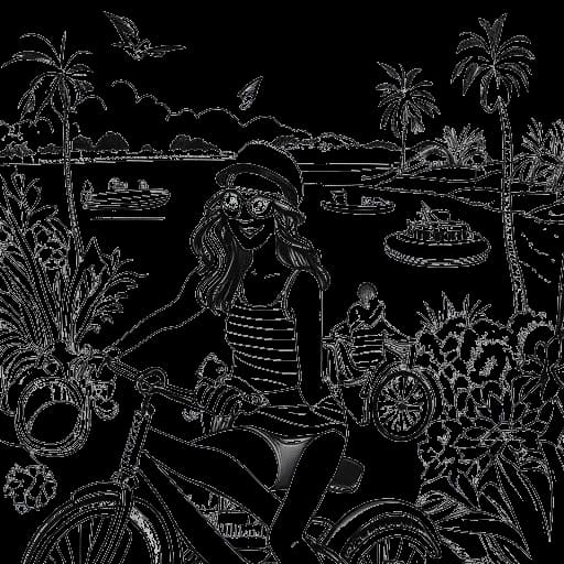 Line art drawing of a woman, representing Mikaela Testa, engaging in various activities, including eating, fashion, cycling, and taking selfies, with a tropical island in the background.