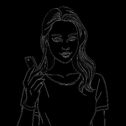 Line art drawing of a woman, representing Mikaela Testa, holding a smartphone displaying her Instagram and OnlyFans statistics.