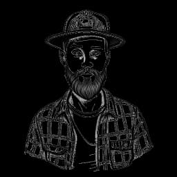 Disegno in linea di un uomo, evocativo di KreekCraft, vestito con la sua riconoscibile camicia di flanella rossa e cappello, con i dettagli dei suoi interessi personali e delle sue connessioni allargate nella comunità.