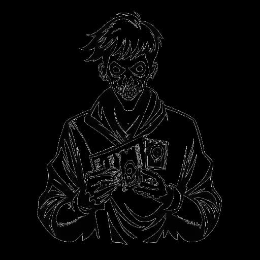 Strichzeichnung eines Mannes, der KreekCraft darstellt, hält ein TIMMEH-Spiellogo mit einem Horror-Spielthema im Hintergrund.