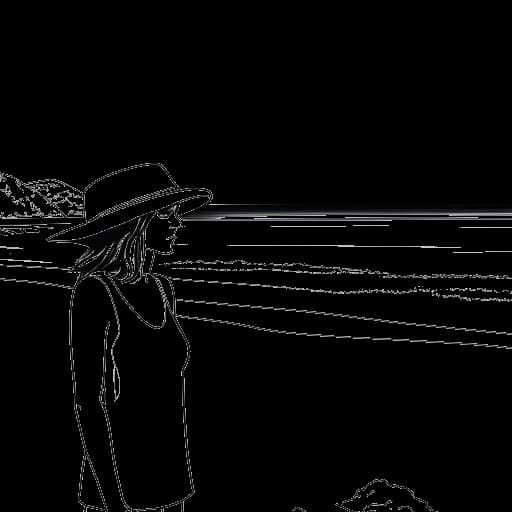 Strichzeichnung einer Frau, die Katie Sigmond darstellt, am Strand mit Fiji, Mykonos und Pebble Beach im Hintergrund.